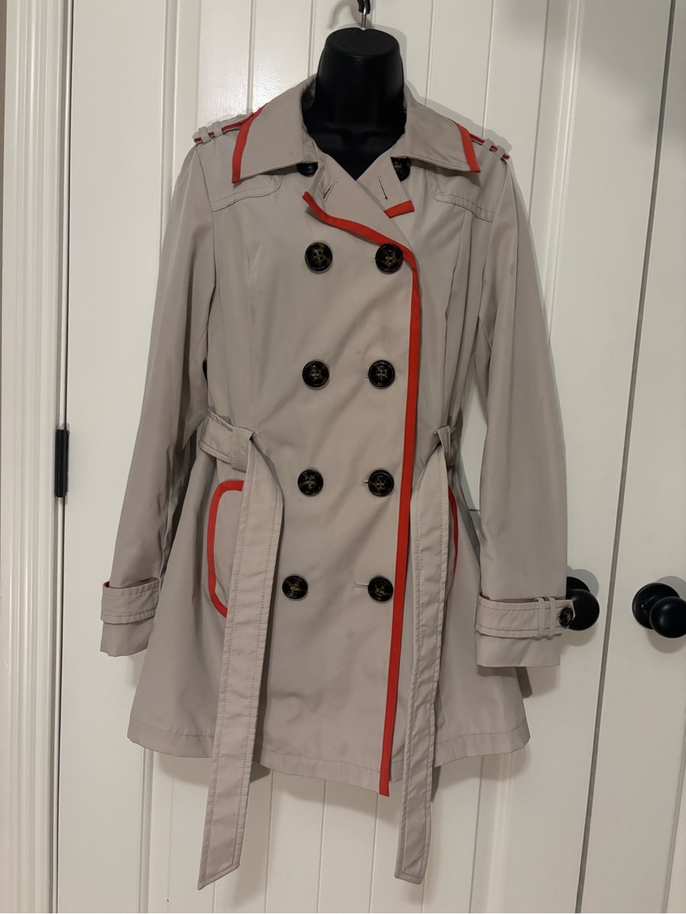 Braetan Double Breasted Trench Coat Coral Trim Belted Jacket Medium